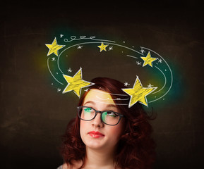 girl with yellow stars circleing around her head illustration