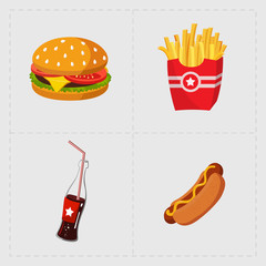 Colorful Fast Food Icon Set on White Background