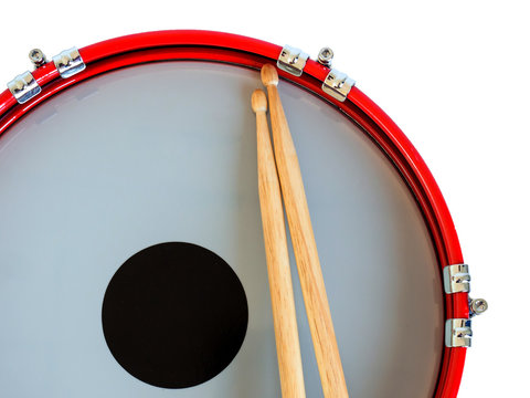 Snare drum with coated head and drumstick isolated on white background. Clipping path.