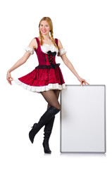 Woman in bavarian costume with poster isolated on white