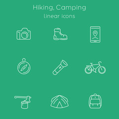 Hiking, Camping, Travel line white icons, vector illustration, eps10