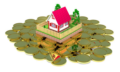 Residential house and gold coins.