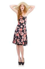 Young lady in floral dress isolated on white