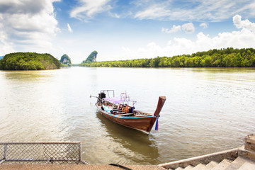 landscape cloud, blue sky, mountain and sea harbour at krabi tha