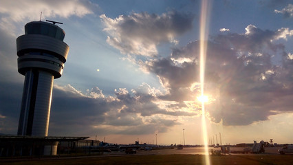 Airport control tower at dramatic sunset in Sofia, Bulgaria