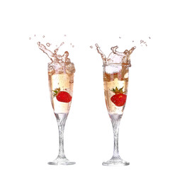 collage Single Strawberry splashing into a glass of champagne