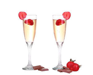 collage Single Strawberry splashing into a glass of champagne