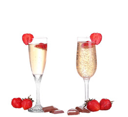 collage Single Strawberry splashing into a glass of champagne