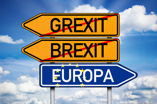 Schild mit Wegweiser Grexit, Brexit, Europa