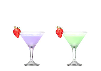 two Fresh fruits and smoothies on white