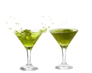 collage of green cocktail with splash isolated on white background