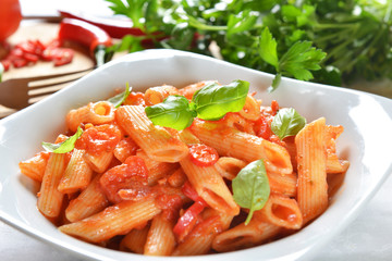 Penne pasta with chili sauce arrabiata