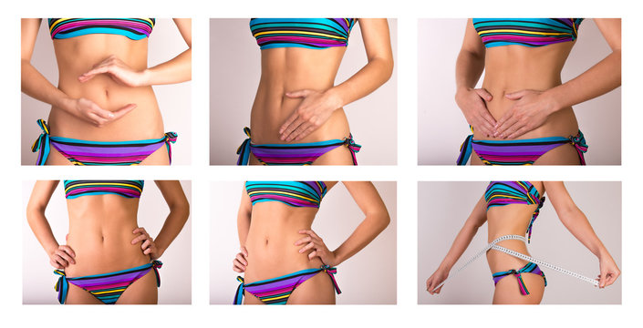 Young woman body in bright bikini collage