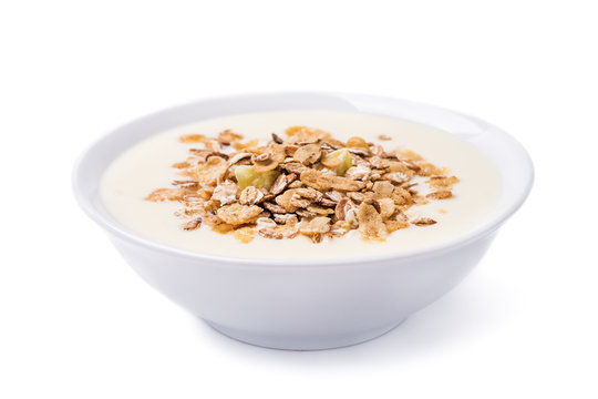 Muesli With Yoghurt And Fruit Pieces Isolated On White Background