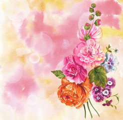 Vintage style watercolour bouquet of roses and peonies