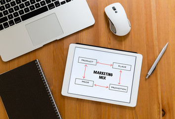 Office table with digital tablet showing marketing mix concept