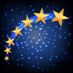 golden stars flying over blue night starry background. vector