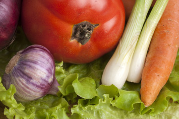 Tomato, onion, garlic and carrots on lettuce leaves