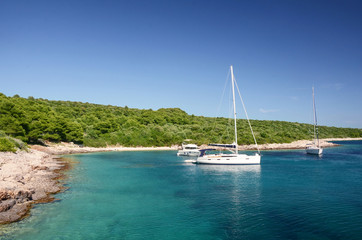 Yachts anchored by Pakleni or Paklinski islands, Hvar, Croatia,