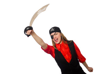Pretty pirate girl holding sword isolated on white
