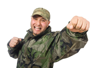 Fototapeta premium Young man in soldier uniform isolated on white
