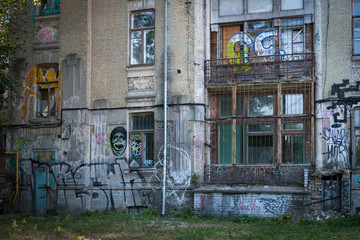 Back side of building with graffiti