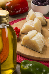 salted codfish on the wooden table with ingredients