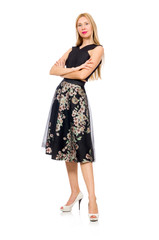 Woman in floral dark skirt isolated on white