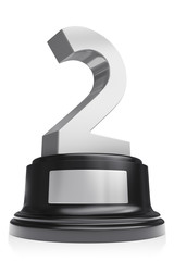 Second place silver trophy cup with empty sign isolated on white.