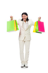 Man with shopping bags isolated on white