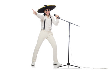 Funny man wearing mexican sombrero hat isolated on white
