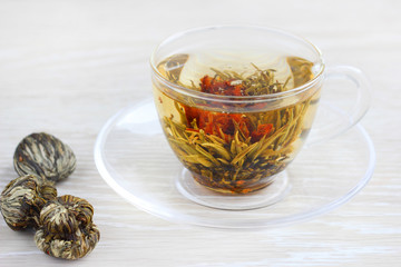 green tea mug herbal freshness flowers
