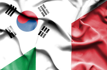 Waving flag of Italy and South Korea