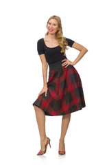 Beautiful young woman in plaid dress isolated on white