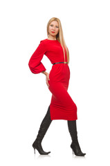 Fototapeta premium Beautiful woman in red long dress isolated on white