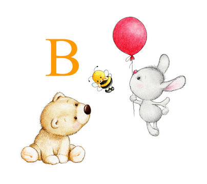Letter B, bear, bunny, bee, balloon