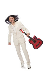 Man with guitar isolated on white