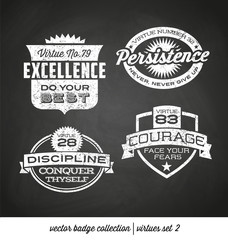badge label collection with virtues- positive character traits on retro style crests