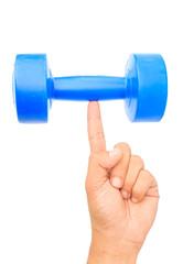 a strong finger  holding dumb bell isolated on white background