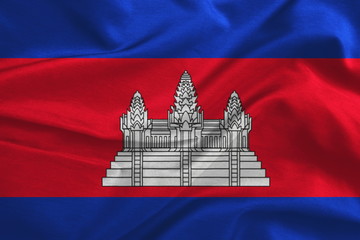 Cambodia flag on fabric silk texture