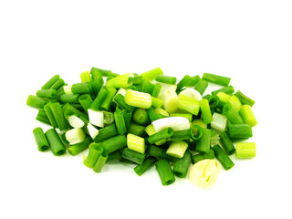 chopped green onions on white background