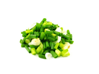 chopped green onions on white background