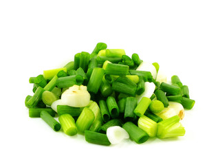 chopped green onions on white background