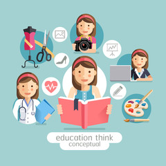 Education thinking conceptual. Girl holding books. Vector illust