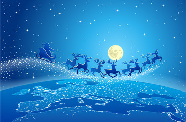 Obraz na płótnie Canvas Illustration of Santa Claus and reindeer flying through starry blue sky over planet earth