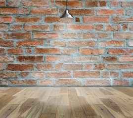 Lamp at brick wall background with ground wood, Template for product display. Empty room