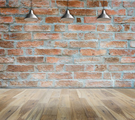 Lamp at brick wall background with ground wood, Template for product display. Empty room
