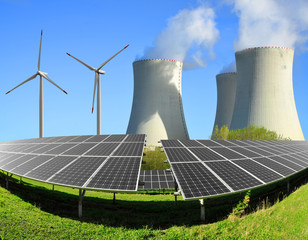 Solar energy panels, wind turbines and nuclear power plant