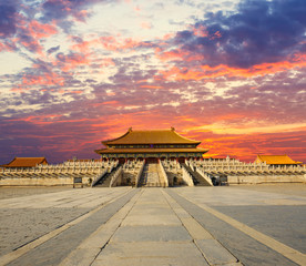 Forbidden City  in the sunset， in Beijing China