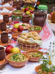 vegetarian festive table with pottery